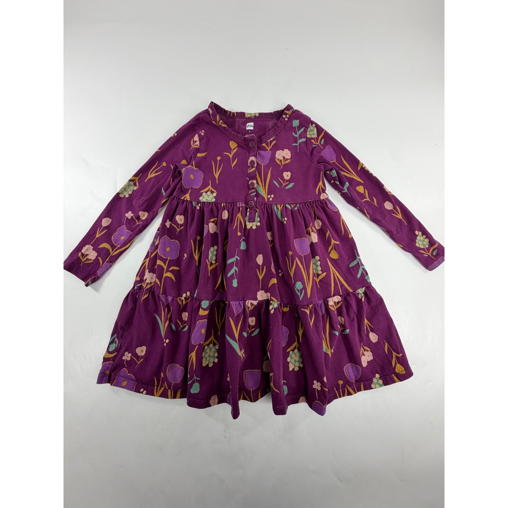 Tea Collection Girls Purple Floral Tiered Long Sleeve Cotton Dress Size 4